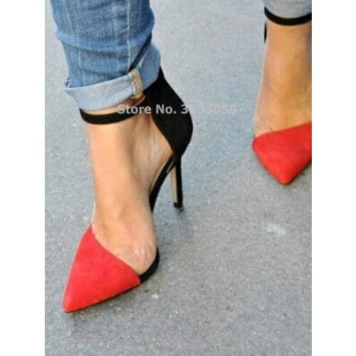 Women red black sude leather contrast color pointed toe high heel shoes high quality stiletto heels patchwork wedding shoes