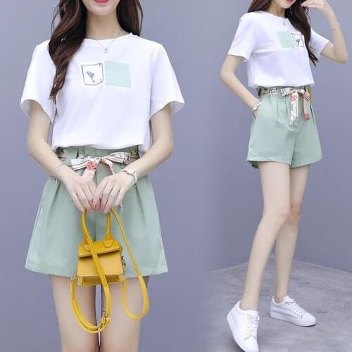 New 2021 Summer Women 2 Pieces Sets O Neck Short Sleeve T-shirt + Solid Shorts Female Fashion Mini Pants Set Vintage Suit Q31