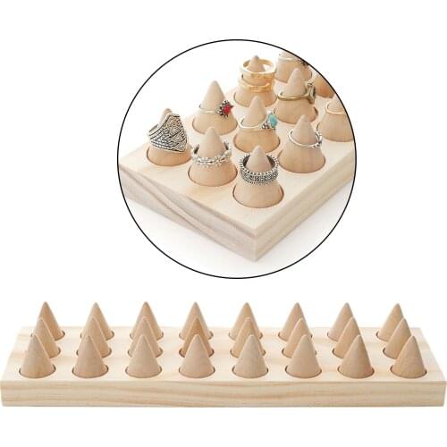 24 Fingers Natural Wood Rings Cone Shape Display Stands Showcase Drawer Storage Jewelry
