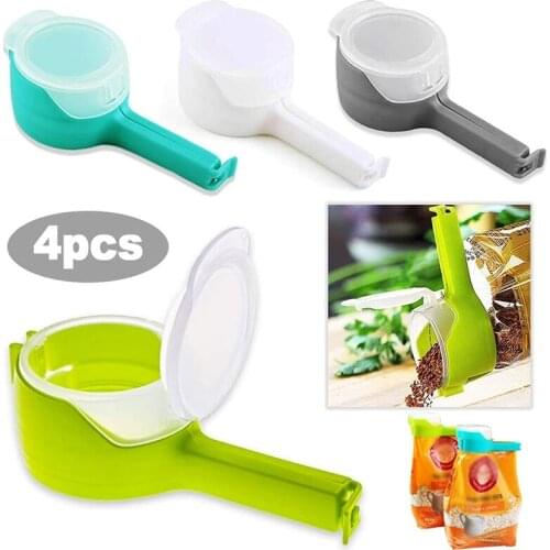 4 Pack Food Storage Bag Sealing Clips with Pour Spouts, Chip Bag Clips Great for Kitchen Food Storage and Organization