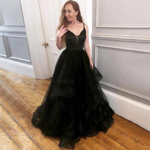 Black A-Line V-Neck Spaghetti Straps Evening Dress 2021 Sleeveless Tulle Party Prom Gowns Special Occasion Dresses