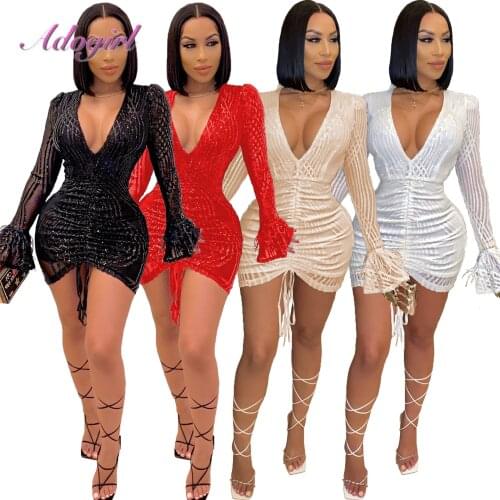 Elegant Sequin Sheer Mesh Patchwork Long Lantern Sleeve Mini Dress Women Sexy See Through Evening Party Club Dresses Vestidos