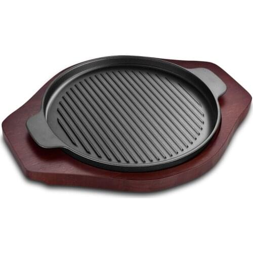 Korean cast iron barbecue pot fried striped steak BBQ grilled plate round commercial household baking raosting pan wooden tray