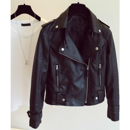Female New Design Spring Autumn PU Leather Jacket Faux Soft Leather Coat Slim Black Rivet Zipper Motorcycle Jackets