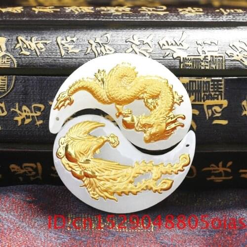 Natural Chinese Hetian White Jade Mosaic Gold Pendant Dragon Phoenix Beautiful Jewelry Necklace Carved Fashion for Couple Gifts