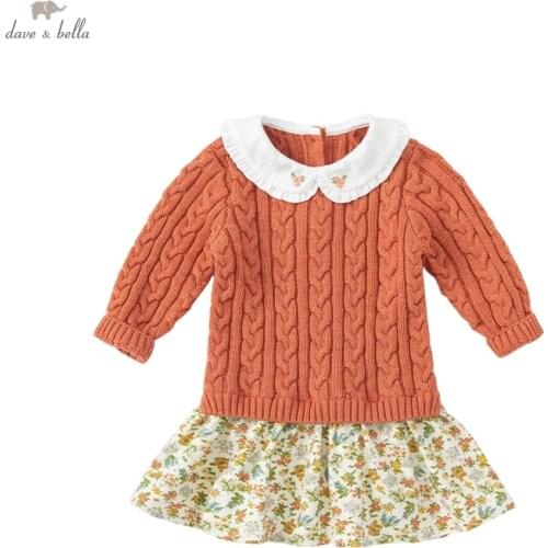DBZ18510 dave bella autumn baby girls cute floral print sweater dress children fashion party dress kids infant lolita clothes