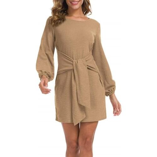 In 2021, Europe and the United States the new dress waist long sleeve belt pure color dress