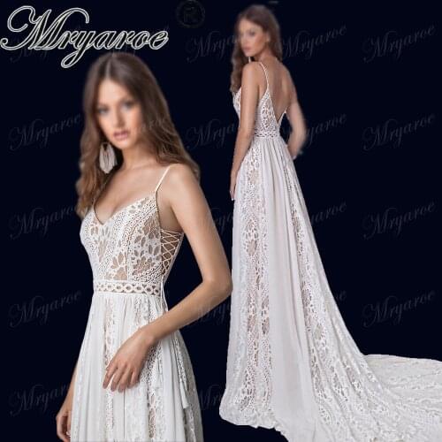 Mryarce Boho Chic Wedding Dresses Spaghetti Straps Twist Lace Chiffon A Line Open Back Bohemian Dress Bridal Gown