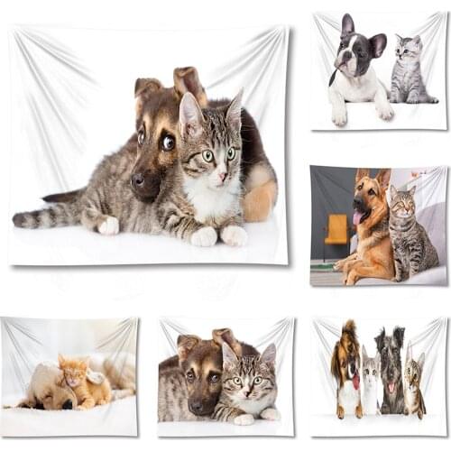 Dog and Cat Print Polyester Fabric Home Decor Rug Carpets Hanging Blanket Tapestry Wall Bedroom