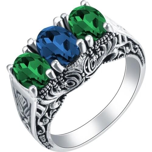 Luxury Fashion 3 Stone Women Jewelry Blue Zircon Rings for Wedding Engagement Party Set Gifts Size 6 -10