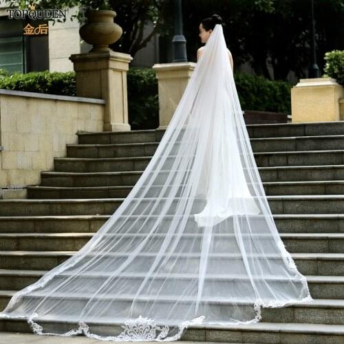 TOPQUEEN V75 Long Wedding Veil 4 Meters Spanish Lace Blanket Bridal Veils Wedding Cathedral Extra Long Royal Wedding Veil Veu