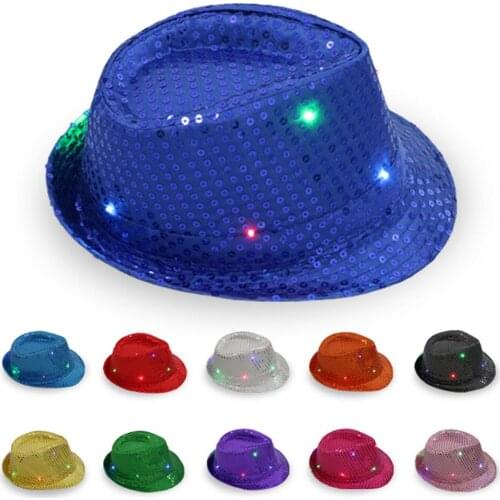 LED Shiny Sequin Women Fedora Hat Men Derby Cap Party Children Jazz Hats Dancing Boy Sunhat Light Up Girls Costumes Accessories