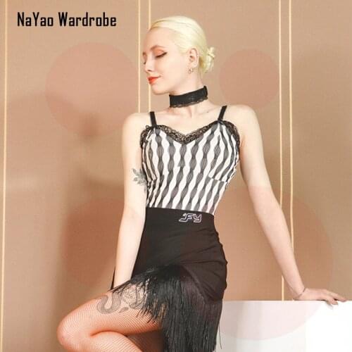 2021 New TL703 Women Latin Dance Bodysuit Sleeveless Bare Back Striped Design Latin Dancing Tops Performamnce Modern Dance Dress