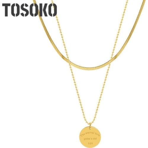 TOSOKO Stainless Steel Jewelry Geometry Round Brand Pendant Double Layer Stacked Necklace Womens Fashion Clavicle Chain BSP903
