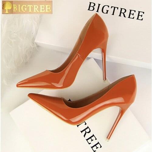BIGTREE woman pumps fashion 10.5CM thin high heeled leather shallow mouth sexy thin Pointed Toe womens shoes