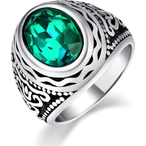 Vintage Mens Ring Totem Stainless Steel Ring Blue/Green/Red Crystal Inlay Hiphop Rock Engagement Wedding Band Ring Anillos