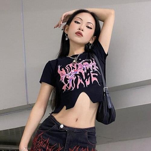 Y2K Women Gothic Print T-Shirt Harajuku Streetwear Black Asymmetric Tank TopsShort Sleeve Crop Top Fashion Tess For Club
