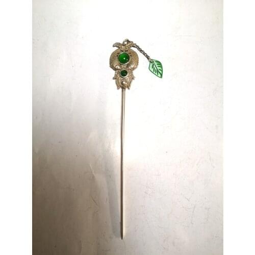 YIZHU CULTUER ART Collection Old Chinese Tibet Silver Hand-made Inlay Jade Fish Hairpin Hair Decoration Gift