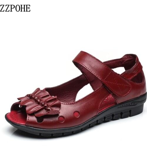ZZPOHE Womens Sandals 2019 Summer Fashion Genuine Leather Handmade Ladies Shoes Mother Soft Casual Flat Sandals Female Shoes