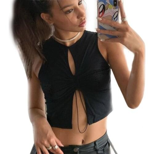 Women Summer Sleeveless O-Neck Crop Top Sexy Hollow Out Keyhole Split Front Slim Vest Ruched Drawstring Casual Tee Shirt