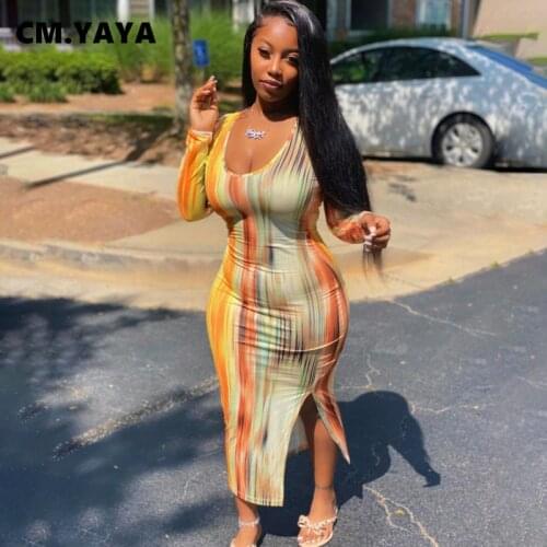 CM.YAYA Women Long Dress Print Full Sleeve V-neck Bodycon Skinny Stretchy Splited Maxi Dresses Fashion Vestidos Summer Outfits