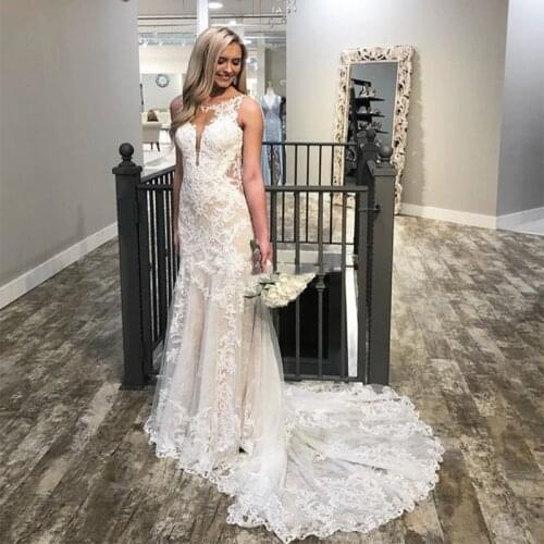 Sexy Backless Lace Country Wedding Dress Mermaid Bridal Gowns Ivory Appliqued Champagne Lining Summer Boho Bride Dresses 2021