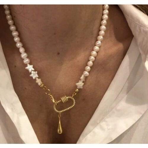 Bijoux Femme crystal rhinsstone pave screw Spiral Clasp necklace freshwater star pearl choker necklaces for women 2020 jewelry