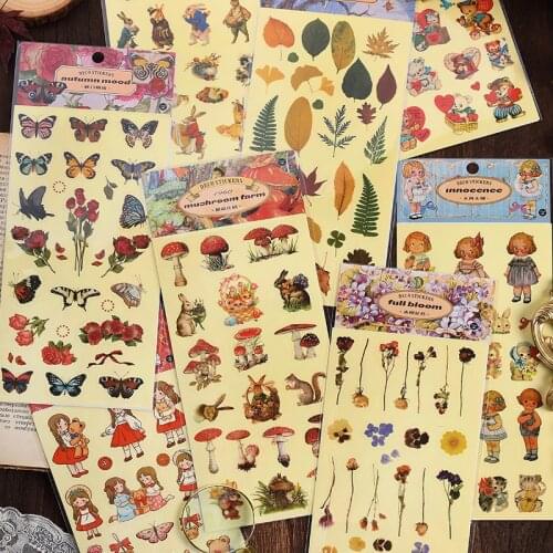 1 Sheet Waterproof PET Retro Vintage Flower Animal Scrapbook Decorative Stickers for Gifts DIY Art Crafts Journal Planner