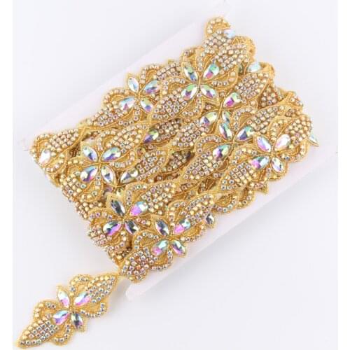 1Yard Fashion Gold Base Rhinestone Applique Patch Trim Hot-Fix Crystal Beaded Applique Trimming For Bridal Dress/Shoes
