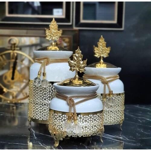 High Quality Ceramic Handcraft Elegant 3PCS JAR Set Storage Box Tea Coffee Sugar Salt Kitchen Food Container Airtight Bottle Lid