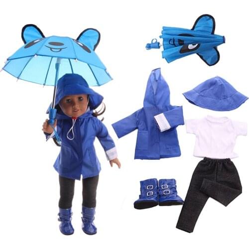 6Pcs Set=T-shirt + Pants+Hat+Raincoat+Rain boots+Umbrella Fit 18 Inch American&Baby Born 43cm Generation Doll Girls DIY Toy
