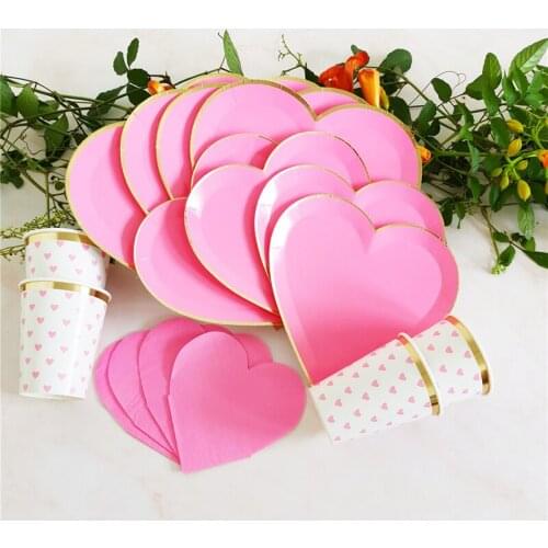 65Pcs/lot Rose red heart-shaped Disposable Tableware Set Party Red Paper Plates Cups Wedding Decor Birthday Valentines Day Gift