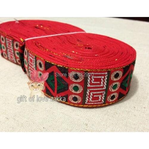 Zakka handmade accessories DIY lace ribbon polyester woven Jacquard Ribbon with Ethnic Embroidery Ribbon 3cm 10M/lot red