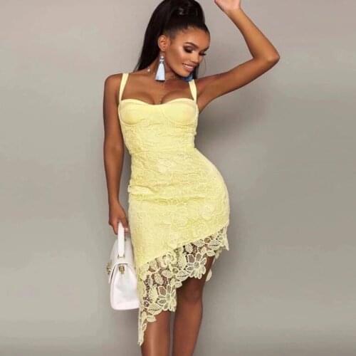 Free Shipping Wholesale Summer Womens Yellow White Lace Spaghetti Strap Sexy Celebrity Cocktail Party Bandage Dress