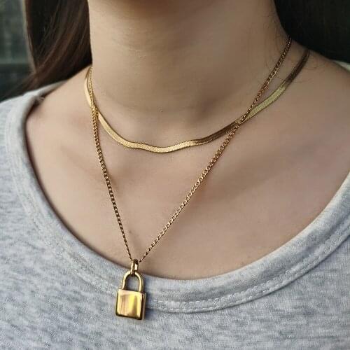 Snake Chain Lock Pendant Necklace for Women Double Layered Gold Color Stainless Steel Herringbone Curb Link Wholesale LDS12