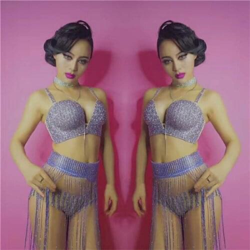 F25 Ballroom pole dancer costumes party club wears bikini bra set tassel catwalk performance dress wears dj cloth outfit bar bod