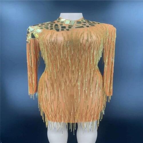 H72 Tight Pole Dance Mirror Leotard Elastic Stretched Bodysuit Sequins Tassels Drilling Chain Slim Long Sleeves Mesh Clothe Sex