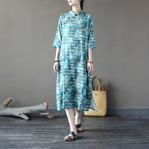 Johnature Women Chinese Style Dress Polka Dot Cheongsam Stand Seven Sleeve A-Line Button 2021 Summer New Cotton Linen Dresses