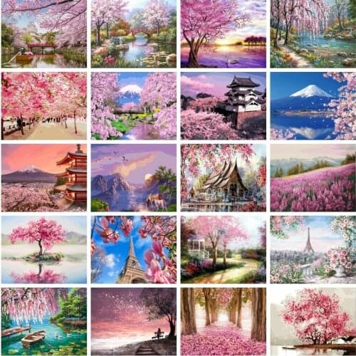 AZQSD Painting By Numbers Cherry Blossoms Handmade Diy Gift Acrylic Picture Oil Painting By Numbers Landscape Home Decor Diy