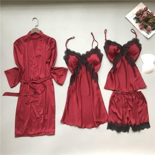 Spring Autumn Women Silk Pajamas Sets With Chest Pads Pijama Sleepwear 4/3/2/1 Pcs Sets Big Lace Trim Satin Pyjamas Sets