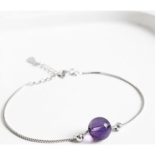 Round Natural Amethyst Bracelet 925 Sterling Silver Box Chain Bracelets for Women Girls Fine Jewelry Valentine Gift YBR211