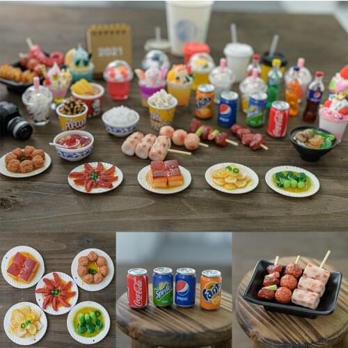 Neonatal simulation mini bottle dishes, noodles, skewers, rice drinks, milk tea, ice cream, cigarette packs, photo props