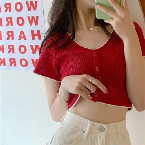 Fashion Girl Summer Knitted Shirt Slim Short Cropped Cardigan Women Summer Short Sleeve V-neck Blouse Thin