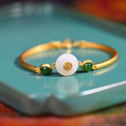 Natural Hetian Jade White Jade Bracelet Retro Chinese Style Classic Court Classical Fu Character Bracelet Non-Fading Ornament f