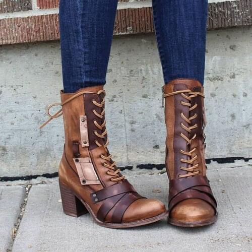 2021 New Women Winter Outdoor Lace-up Ankle Boots Ladies Square Heel PU Boot Plus Size 35-43 Casual Booties Woman Zapatos Mujer