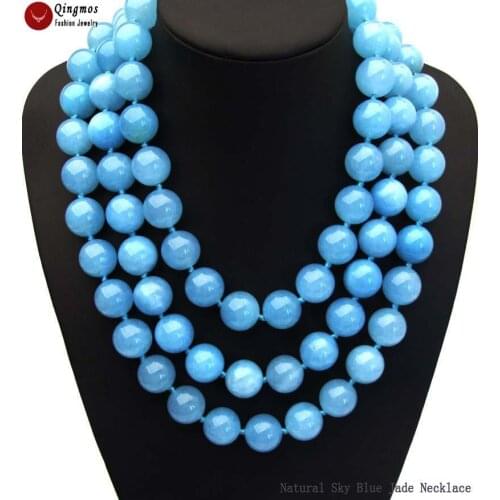 Qingmos 18mm Round Natural Sky Blue Jade Necklace for Women with Luster Necklace Stone Jewelry Chokers 3 Strands 18-23" nec6597