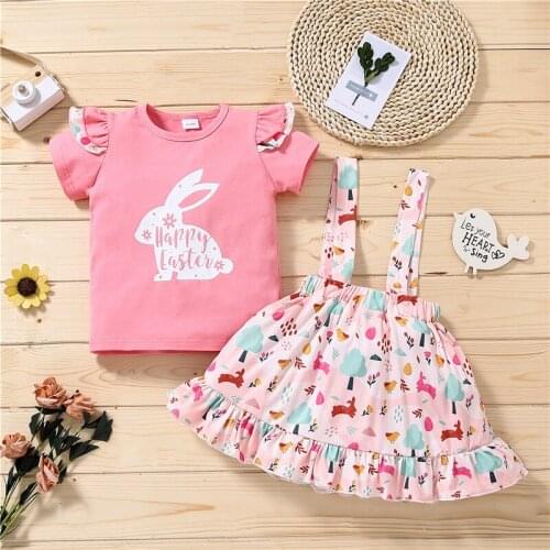 Girls Skirt Two Pieces Suit Easter Rabbit Letter Print Short Sleeve T-shirt Tops and Suspender Short Skirt for 1-5 Years