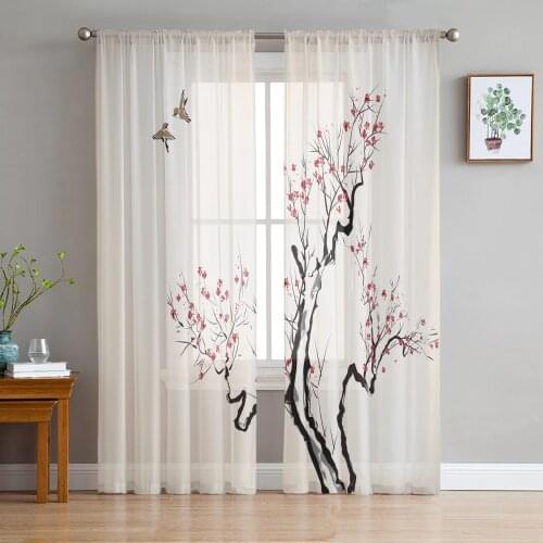 Plum Blossom Branch Bird Ink Style Tulle Sheer Window Curtains for Living Room Kitchen Children Bedroom Voile Hanging Curtain