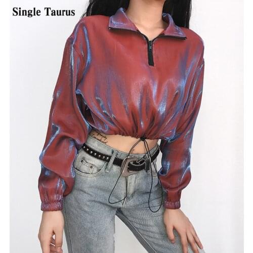 Hip-hop Streetwear Elastic Waist Short Length Crop Top Women Clothes Fashion Shiny Color Harajuku Long Sleeve Loose Europe Tops