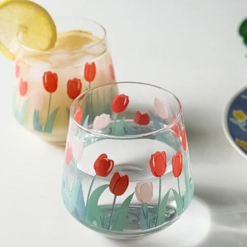 Vintage Tulip Print Transparent Beer Whisky Milk Glass Cup Home Restaurant Mug Milk Glass Cup